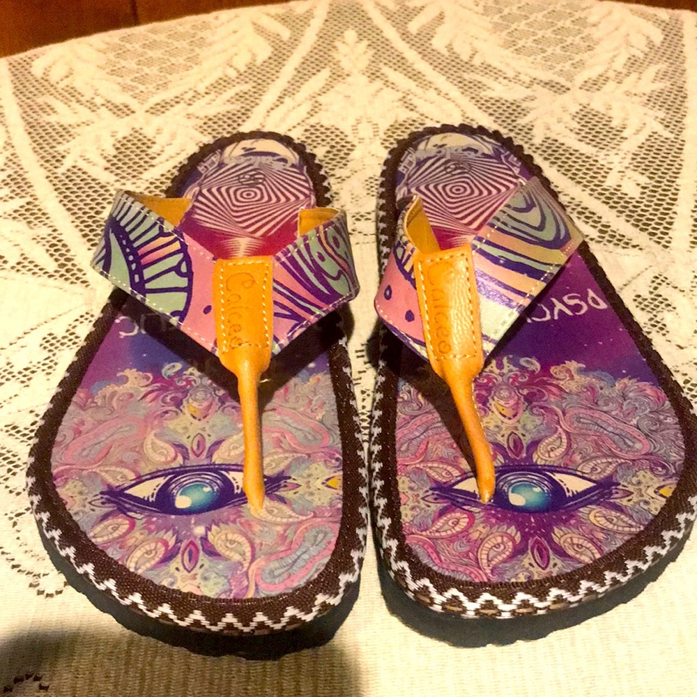 NIB Calceo Purple & Lavender Psychedelic  Flip Flops 6M
